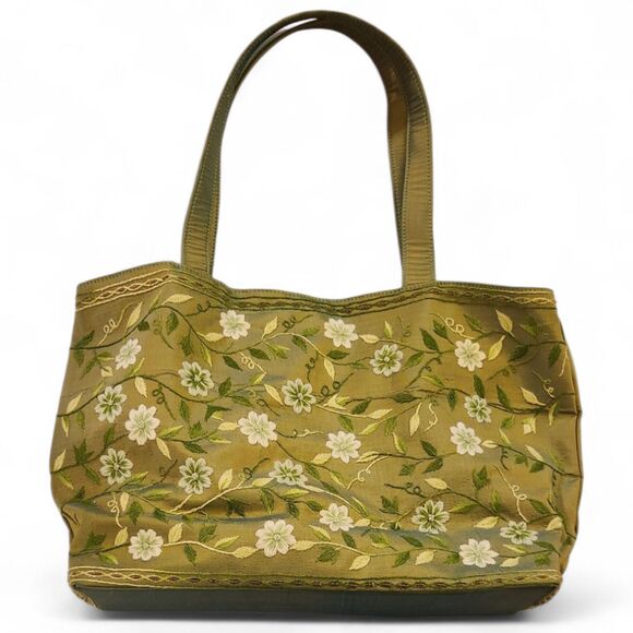 Silk Green Tote Purse Embroidered White Floral Design, 3 Compartments – 16"x9.5" - Picture 2 of 10